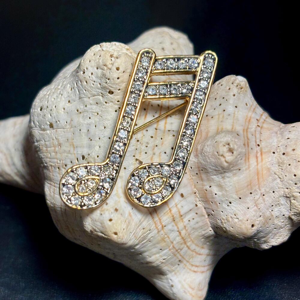 Rhinestone Musical Note Brooch: Gold Tone Double Music Pin, Sparkling Gift